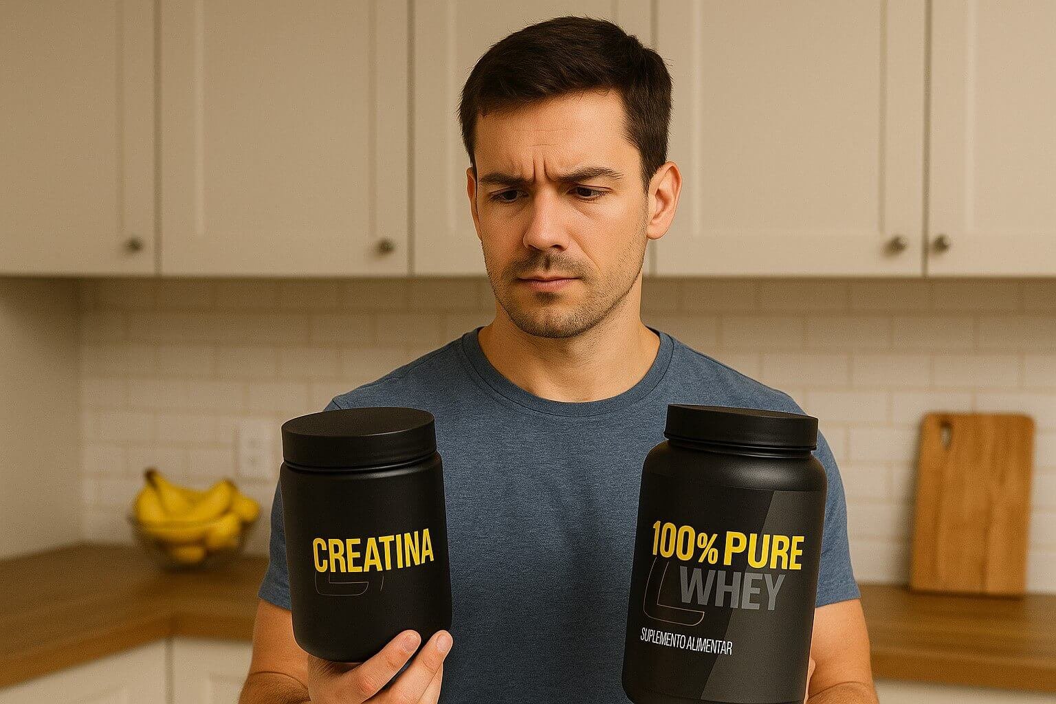 Homem segurando creatina e proteína em forma de whey em cada mão, pensativo sobre a diferença entre um e outro.