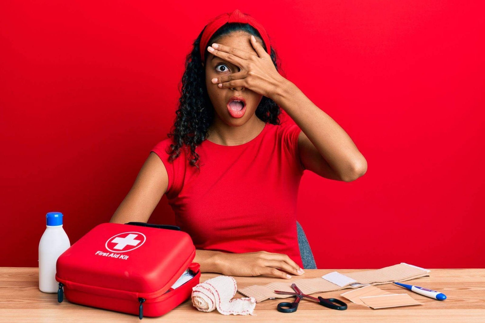 Uma mulher com uma camisa vermelha e bandana preta está sentada em frente a uma parede vermelha vibrante, com uma expressão de surpresa ou foco intenso (com a mão cobrindo parcialmente o rosto). Em frente a ela, está uma maleta de primeiros socorros vermelha com o símbolo de cruz branca, além de ataduras, tesoura, pomadas e outros itens espalhados sobre a mesa.