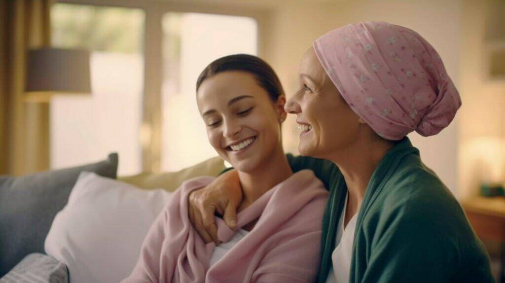 Duas mulheres sorriem e se abraçam afetuosamente em um ambiente iluminado. Uma delas usa um lenço rosa na cabeça, simbolizando a jornada e o suporte emocional durante tratamentos oncológicos femininos. A imagem transmite acolhimento, união e esperança.