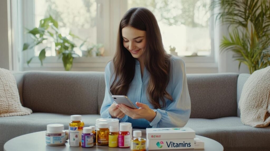 Mulher com seus medicamentos e suplementos em casa depois de comprar online na farmácia