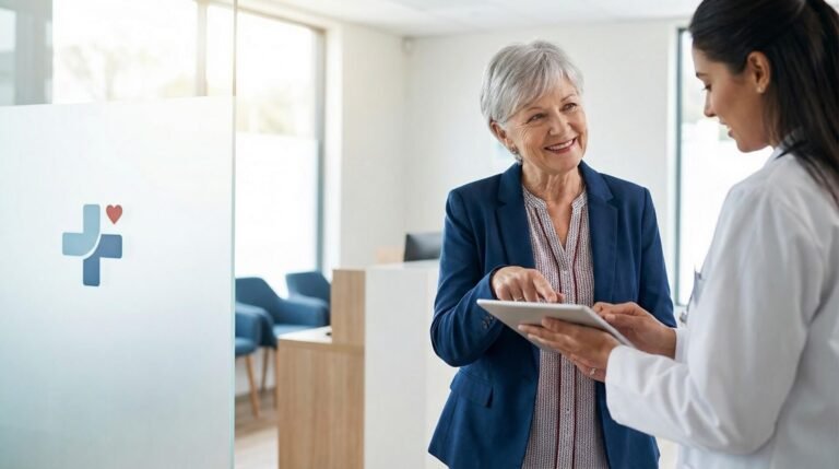 Uma mulher de meia-idade com cabelos grisalhos e blazer azul sorri enquanto conversa com uma profissional de saúde em um consultório moderno. Elas olham juntas para um tablet, planejando as etapas de tratamentos de alto custo.