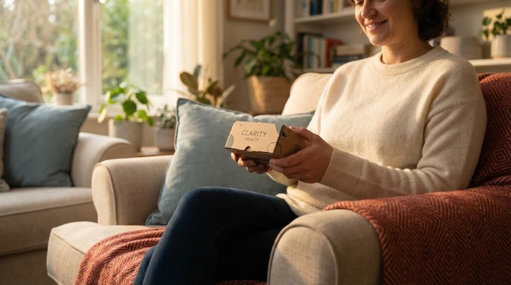Uma mulher sentada confortavelmente em um sofá iluminado pela luz do sol, sorrindo ao segurar uma pequena caixa de papelão com o logotipo "Clarity Health". A cena transmite a tranquilidade de quem utiliza serviços organizados para tratamentos de alto custo.