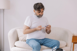 Portador de diabetes aplica insulina.